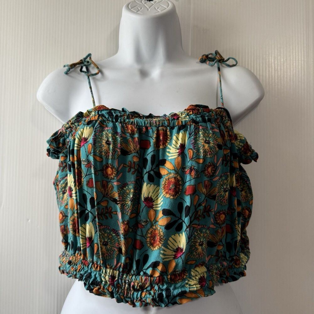 Natural Life Boho Floral Off Shoulder Crop Top Tie Strap Smocked Women’s XL